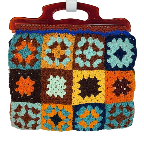 Vintage Handbags - Vintage Handmade Granny Square Patchwork Colourful Crochet Handbag Boho Playful